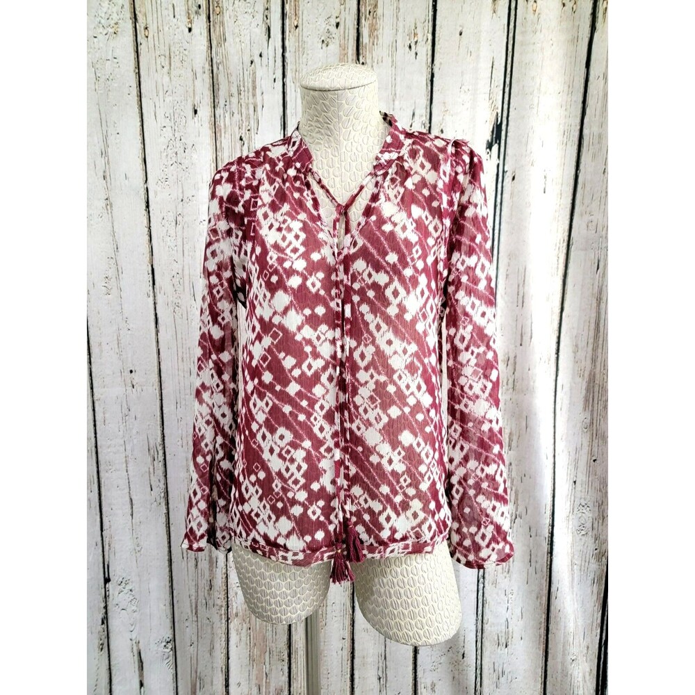 Nanette Lepore‎ Women's XS Burgundy Sheer Bell Sleeve Blouse Shirt Top EUC